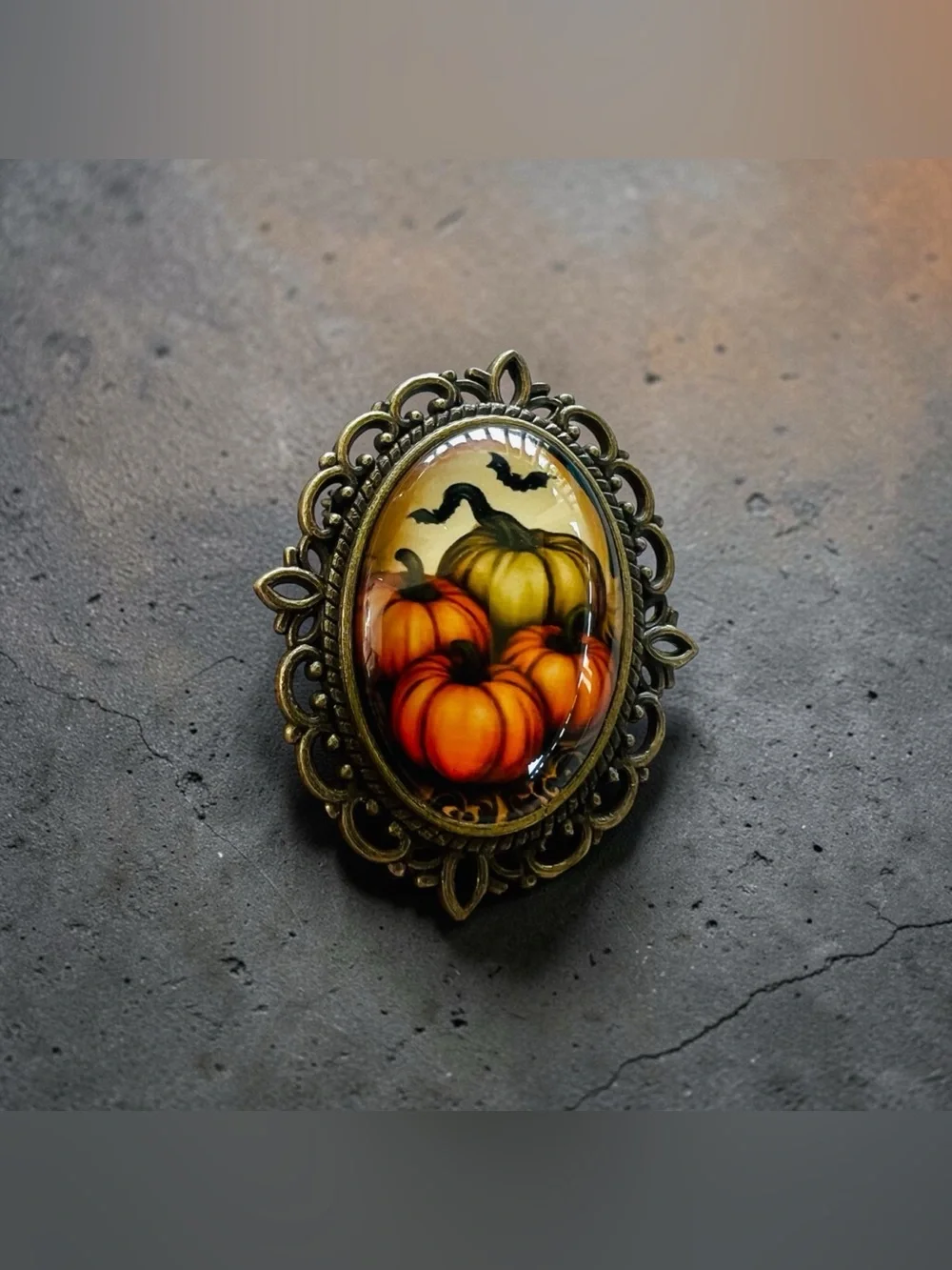 Vintage Style Pumpkin & Bat Brooch | Antique Gold Tone